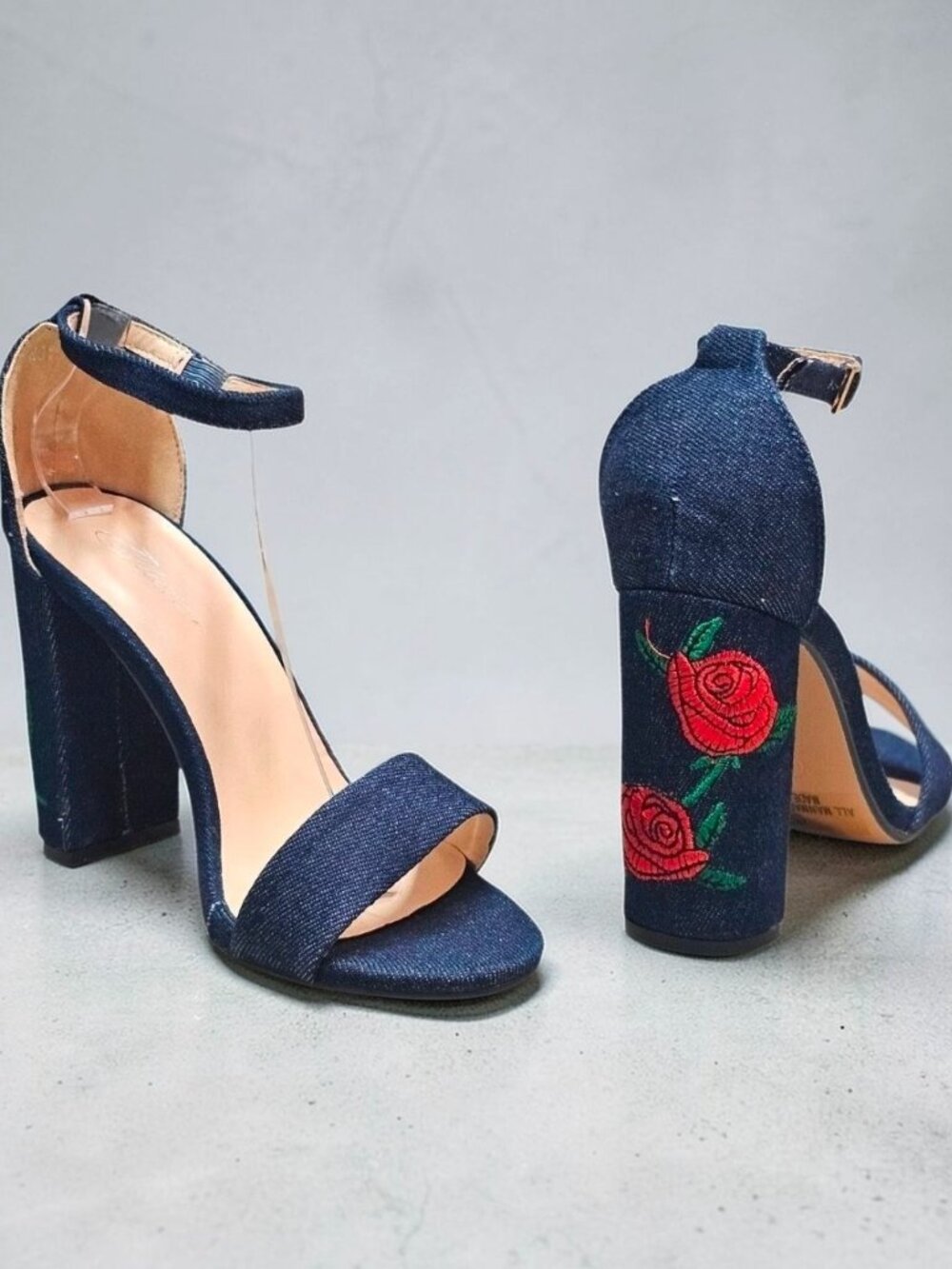 Denim Block Heels With Embroidered Red Rose Design & Adjustable Ankle Strap - Wo